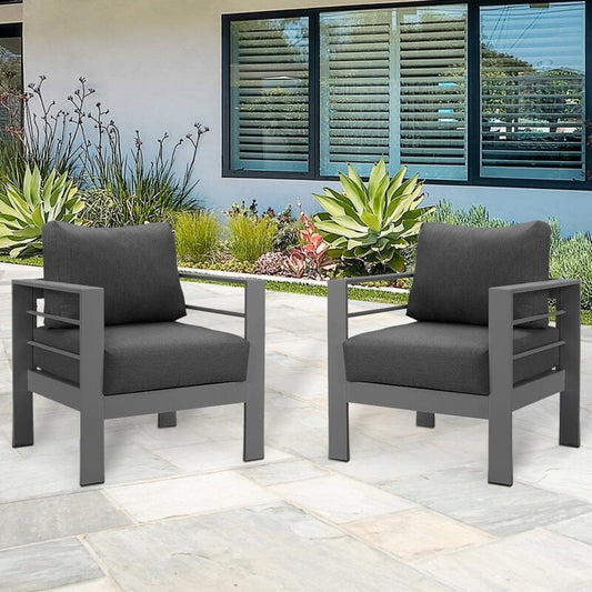 CozyHom 2 Pcs All-Weather Outdoor Patio Aluminum Armchair Furniture, Contemporary Outside Metal Patio Sofa Chair With Cushions, Gray