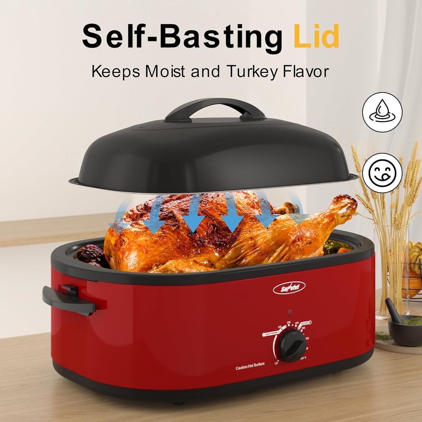 CozyHom 20-Quart Electric Roaster Oven, Turkey Roaster Oven with Removable Pan and Rack, Perfect for Large Meals and Holiday Feasts, Red