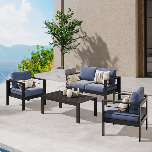 CozyHom 4 Seats Outdoor Patio Aluminum Furniture Sofa Sets, Outdoor Conversation Metal Furniture Couch Set With Table And Cushions, Blue