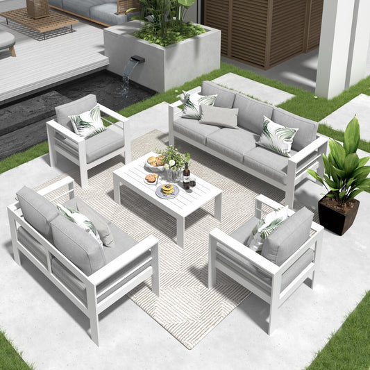 CozyHom 7 Seats Contemporary Outdoor Patio Aluminum Sofa Furniture Sets Modern Patio Sectional Conversation Couch Sets Sectional Sofa Chair Set, White