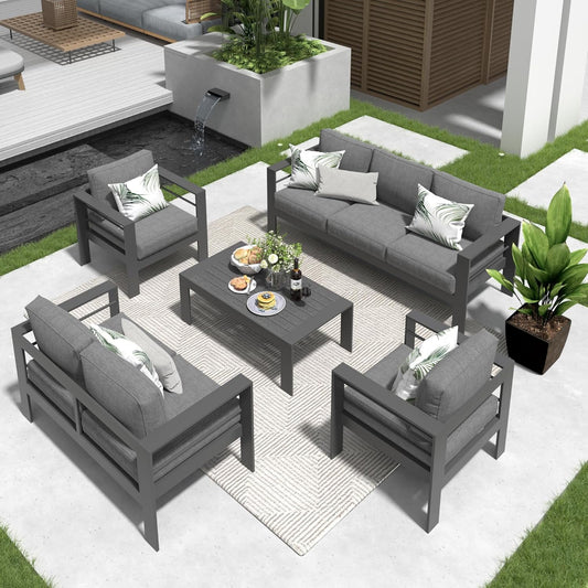 CozyHom 7 Seats Outdoor Patio Aluminum Sofa Furniture Sets Modern Patio Sectional Conversation Couch Sets Sectional Sofa Chairs with Table and Cushions, Gray