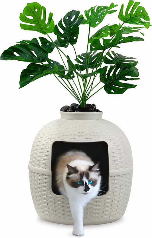 CozyHom Cat Hidden Litter Box Furniture, Artificial Plant Hidden Calley, Ventilated Waterproof And Odor Resistant, 3.3lbs Real Stone Block For Large Cats, White