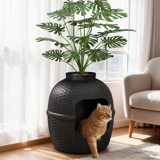 CozyHom Cat Litter Box Furniture Artificial Plant Hidden Calley, Ventilated Waterproof And Odor Resistant, Carbon Filter And 3.3lbs Real Stone Block For Large Cats, Black
