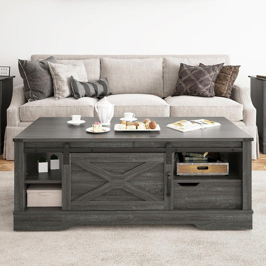 CozyHom Farmhouse Rectangular Coffee Table with Drawer and Sliding Barn Door, Rustic Coffee Table with Open Shelves for Living Meeting Room, Dark Grey