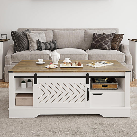 CozyHom Farmhouse Rectangular Coffee Table with Storage Drawer and Sliding Barn Door Furniture, Rustic Coffee Table with Open Shelves for Living Meeting Room, Oak-White