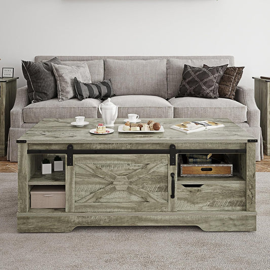 CozyHom Farmhouse Rectangular Coffee Table with Storage Drawer and Sliding Barn Door Furniture, Rustic Coffee Table with Open Shelves for Living Meeting Room, Warm Grey