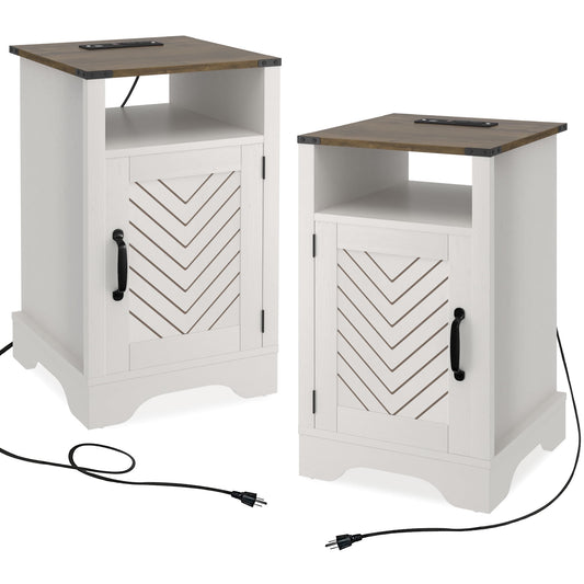 CozyHom Modern Farmhouse USB Nightstand Set of 2 With Storage Cabinet, End Side Table With Charging Station For Bedroom, Brown And White