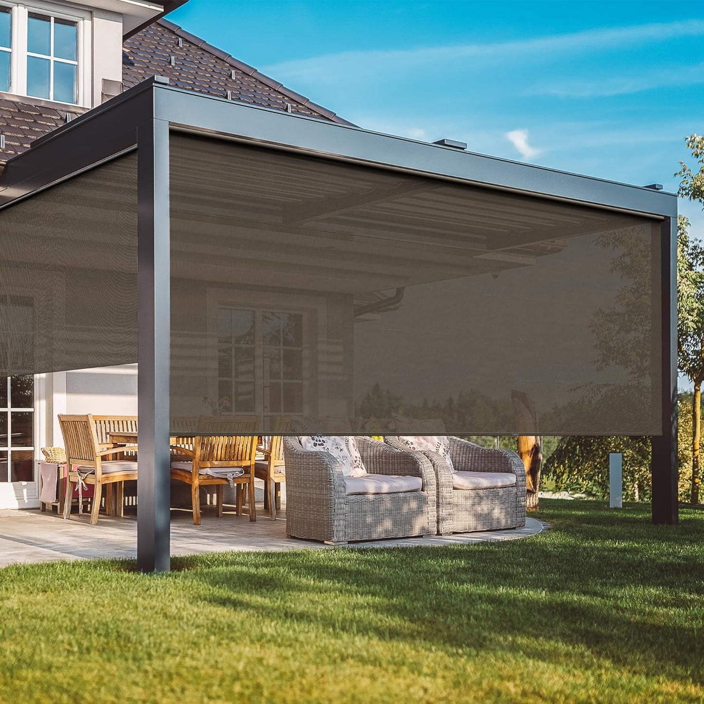 CozyHom Outdoor Roller Shades, 420GSM 95% Blackout Cordless Patio Roller Blinds with Pole, 8'Wx8'H Waterproof Blinds Roll Up for Gazebo Porch, Deck, Pergola, Brown