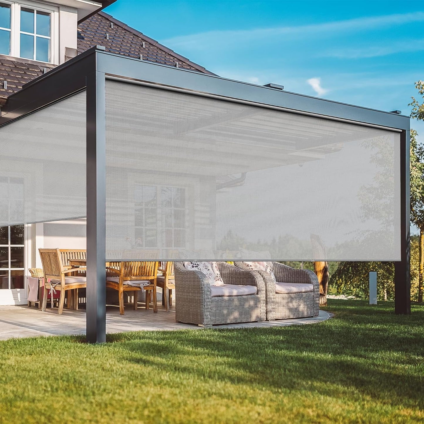 CozyHom Outdoor Roller Shades, 420GSM 95% Blackout Cordless Patio Roller Blinds with Pole, Waterproof Blinds Roll Up for Gazebo Porch, Deck, Pergola