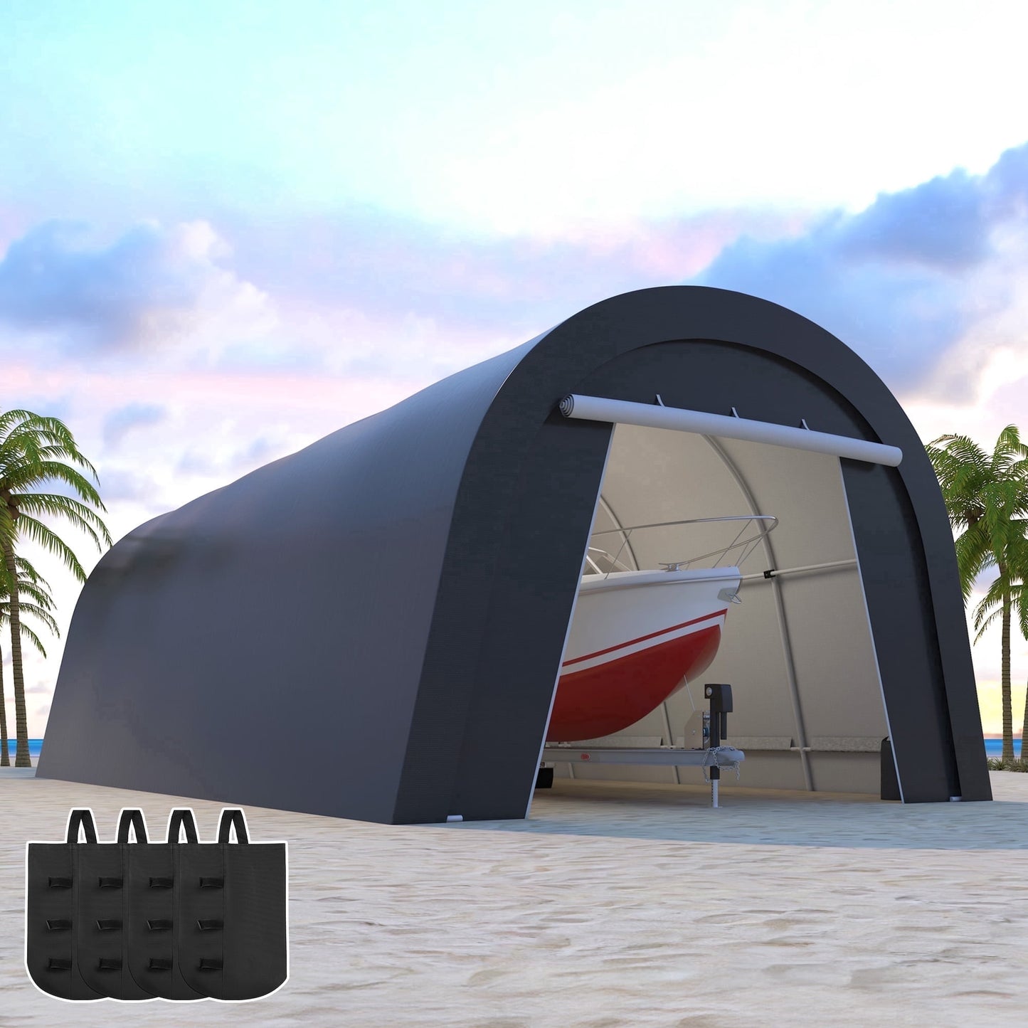 CozyHome 12' x 25' Domed Carport with 4 Cloth Bags, Portable Garage with 2 Roll-up Doors, All-Weather Storage Shelter Shed for Cars, Truck, or Garden Tools