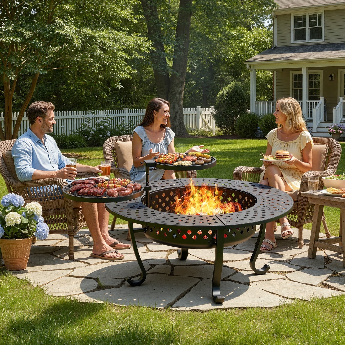 Heynemo 3 in 1 Outdoor Fire Pit for BBQs, Bonfire, Picnic, Wood Burning Fireplace with 2 Grill, Lid, and Fire Poker, 43'' Metal Round Table for Patio, Garden, Backyard