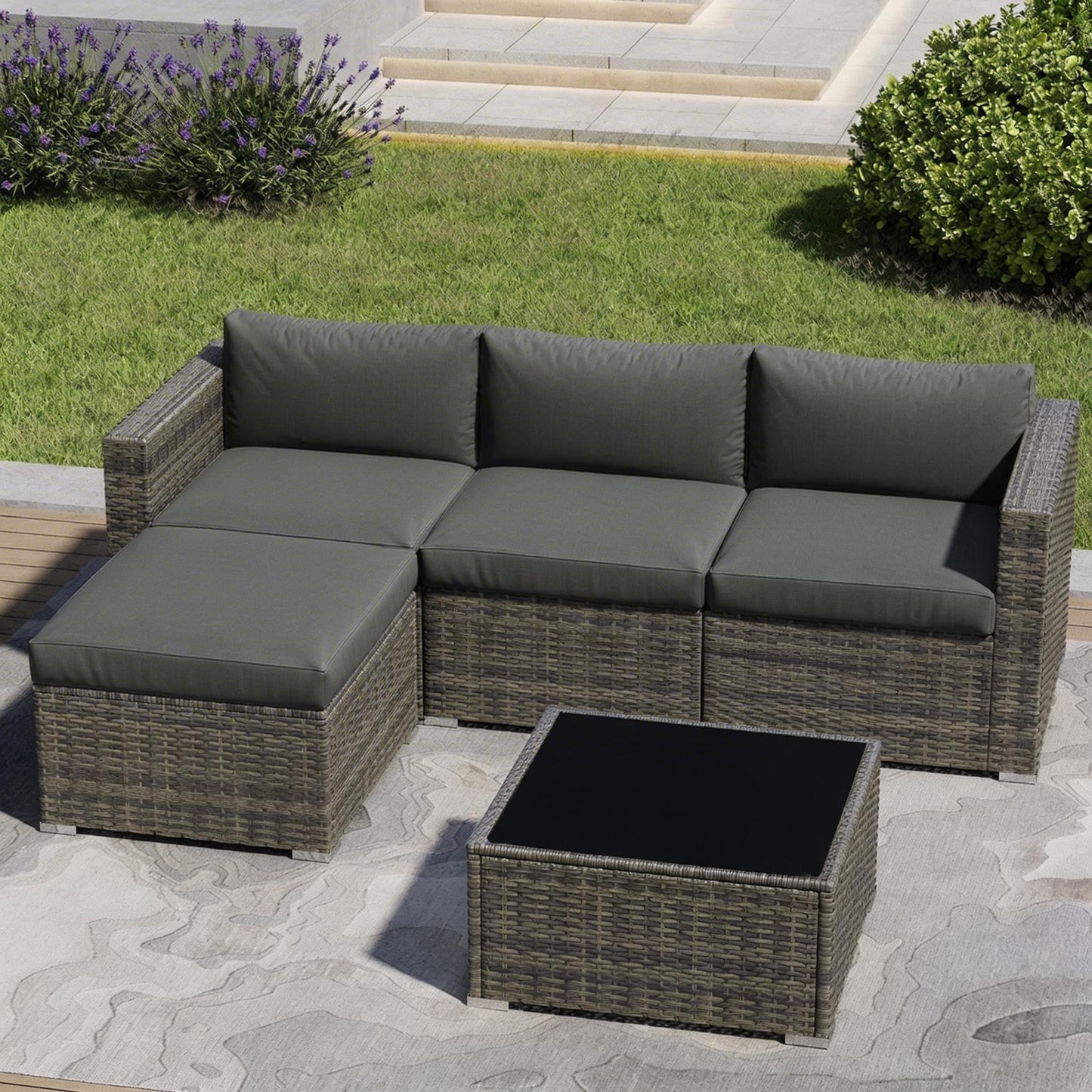 CozyHome 5-Piece Patio Rattan Furniture Set, Wicker Outdoor Sectional Sofas with Ottoman and Coffee Table, Grey