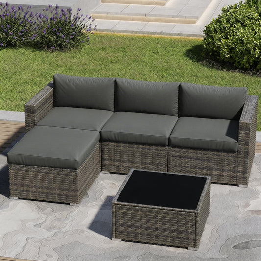 CozyHome 5-Piece Patio Rattan Furniture Set, Wicker Outdoor Sectional Sofas with Ottoman and Coffee Table, Grey