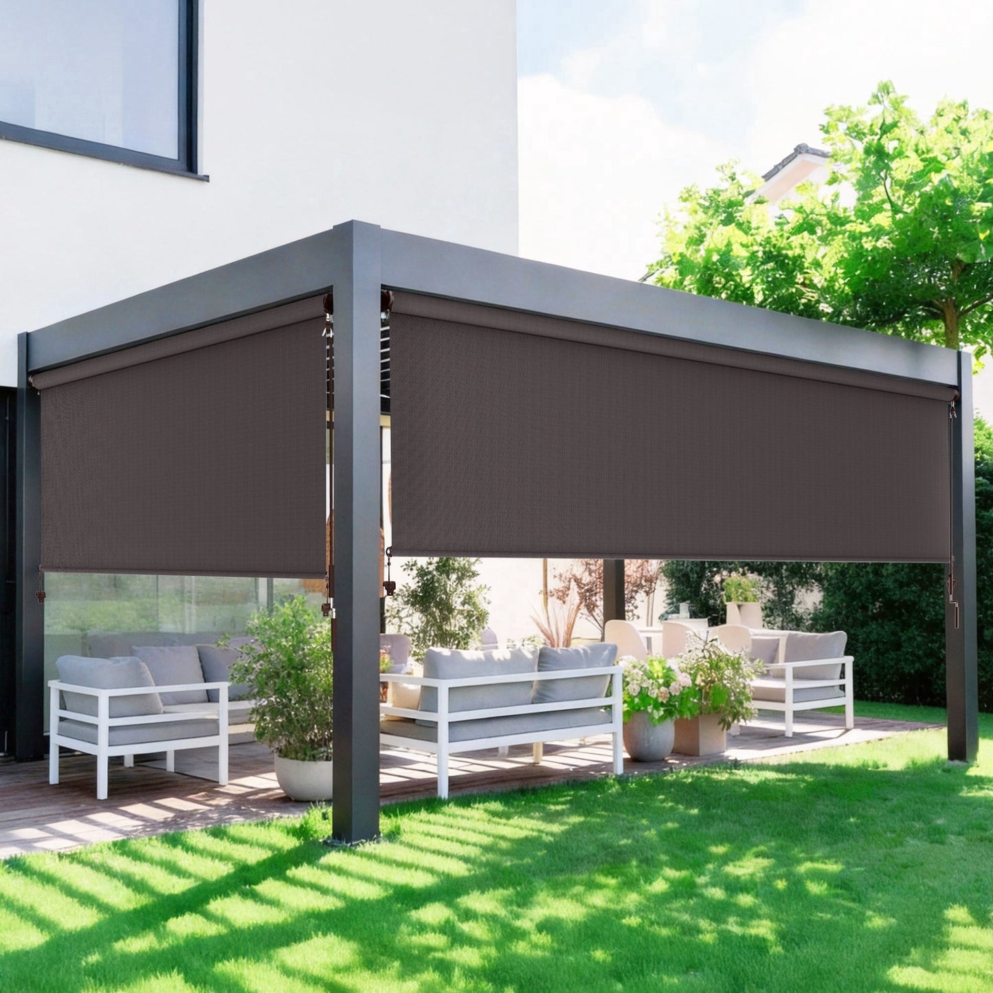 CozyHome Outdoor Roller Shade 10' x 8', Cordless Patio Shade with Crank Handle, 95% UV Protection, Aluminum Privacy Sun Shade for Patio, Brown