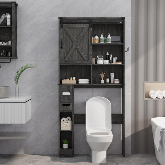 CozyHome Over The Toilet Storage Cabinet, Farmhouse Storage Cabinet Over Toilet with Sliding Barn Door, Home Space-Saving Toilet Rack, Behind Toilet Bathroom Organizer for Bathroom, Dark Grey