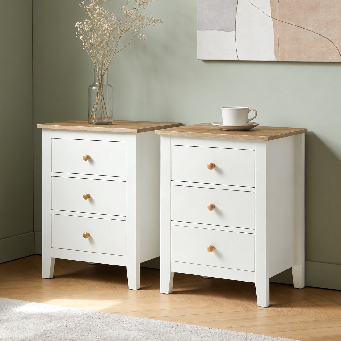 May in Color Tall 3 Drawer Nightstand Set of 2, Modern Bedside Table with Solid Wood Knobs, Wood Side Table for Bedroom, Living Room, White