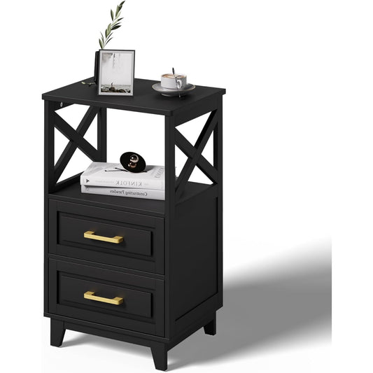 CozyHome Tall Nightstand Set of 1, Side Table with 2 Drawers and Open Shelf Below, Bedside Table with Solid Feet, Modern Night Stand End Table for Bedroom, Living Room, Home Office, Black