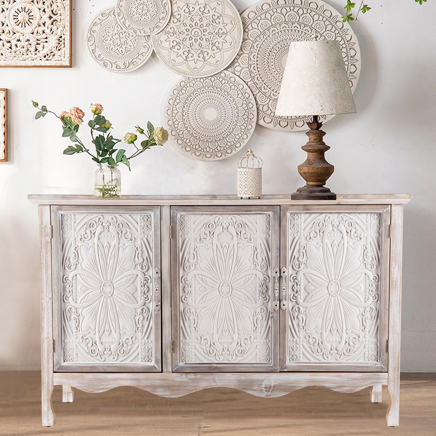 CozyHome Vintage Sideboard Buffet Cabinet with Shelves, Rustic Accent Cabinet with 3 Carved Doors, Wood Storage Cabinet for Kitchen, Dining Room, Living Room, Bedroom, Wash Grey