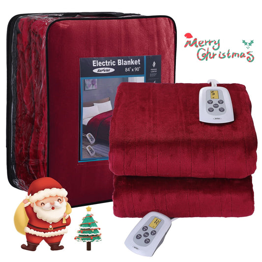 Electric Blanket Queen Size with Dual Controllers,10 Heating Levels& 12 hours Auto-off,Overheat Protection,Red