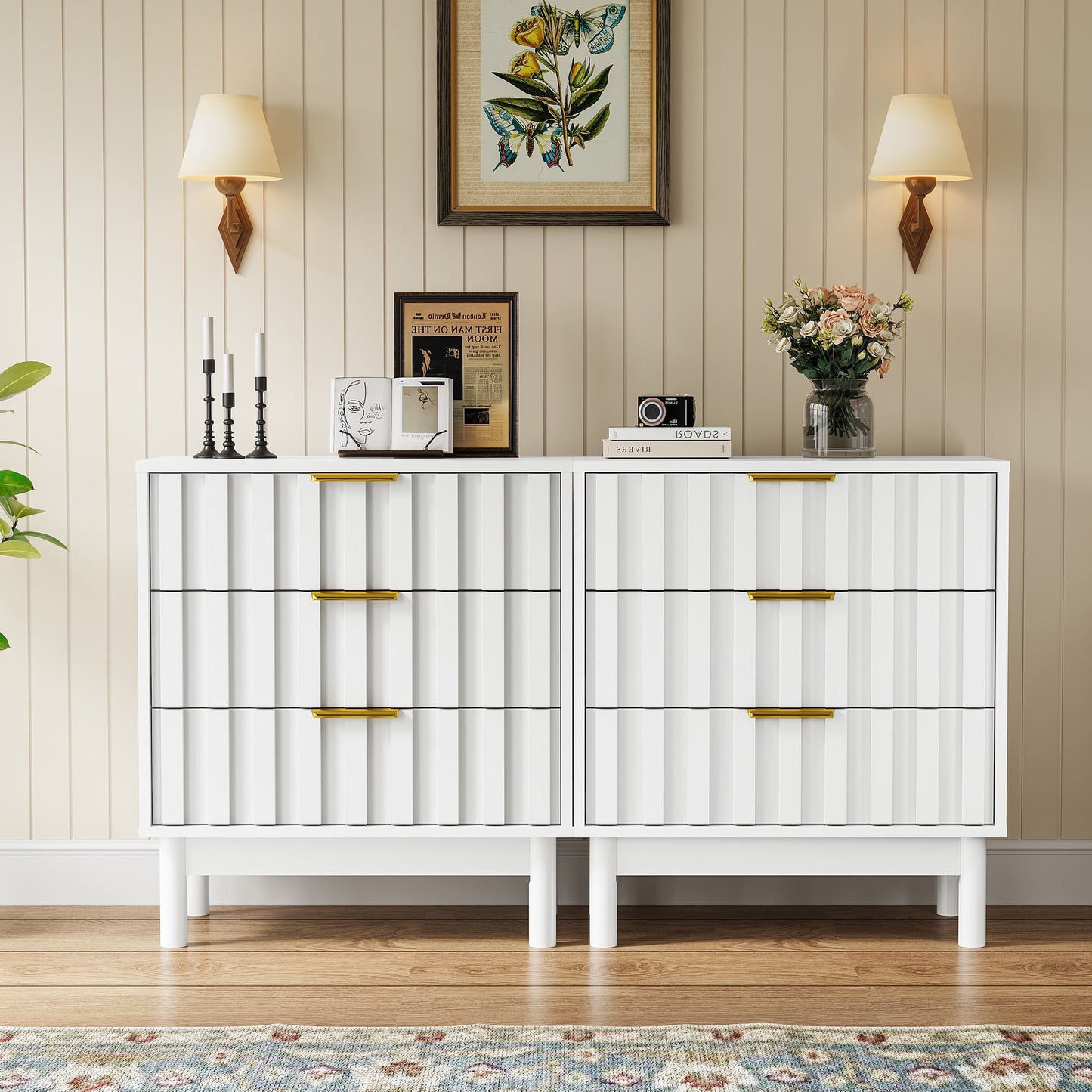 May in Color Fluted 3 Drawer Dresser Set of 2, Wood Closet Organizer for Bedroom, Living Room, Entryway, White