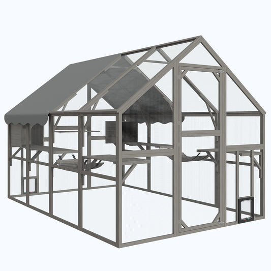 HEYNEMO Outdoor Cat Enclosure, Extra Large Catio for Mulitiple Cats, 110" Walk-in Cat House Multi-Level Playpen Wooden Cat Condo for Patio with Door Access, Weatherproof Roof, Bridges, and Walks