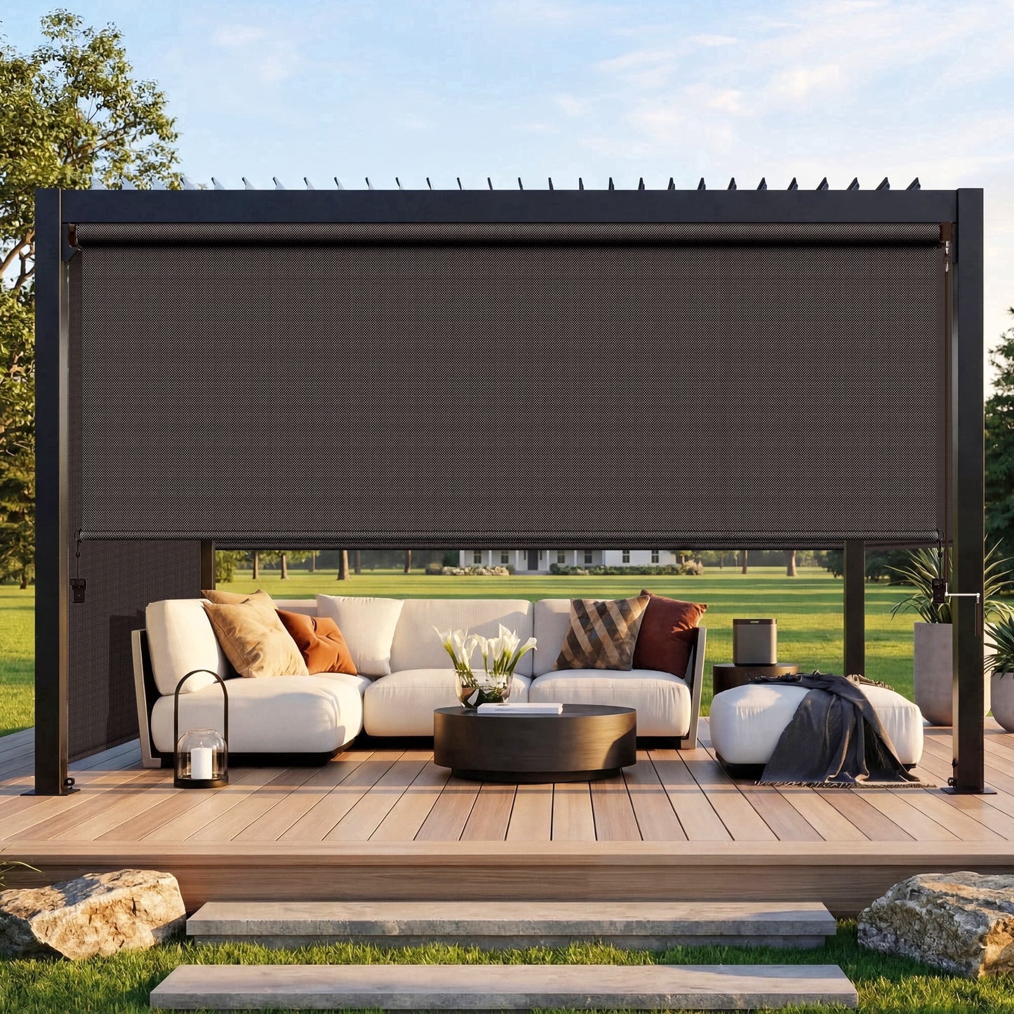 Heynemo 10'x 8' Outdoor Roller Shade, Cordless Patio Shade with Crank Handle, 95% UV Protection Outdoor Blind for Porch, Gazebo, Pergola, Brown