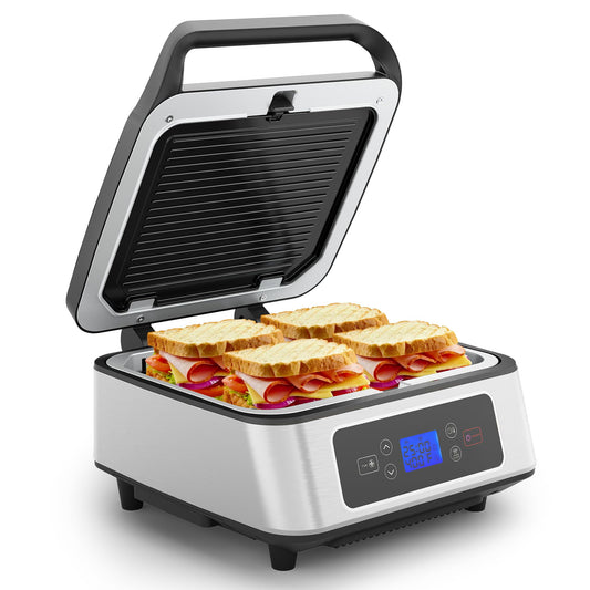 Heynemo 1300W Smokeless Indoor Grill, Electric Panini Press Sandwich Maker with Auto-Lift, Fan, Independent Upper Heating, Smart Time & Temperature Control, Removable Non-Stick Plates