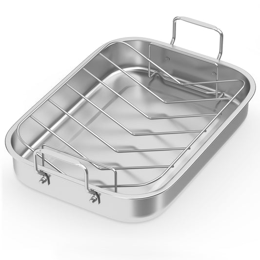 Heynemo 15.6'' Roasting Pan with V-Shaped Rack, Rectangular Lasagna Pan with Handle, Non-Stick Stainless Steal Roaster for Turkey, Chicken, Vegetable, Lasagna, Heavy Duty & Dishwasher Safe