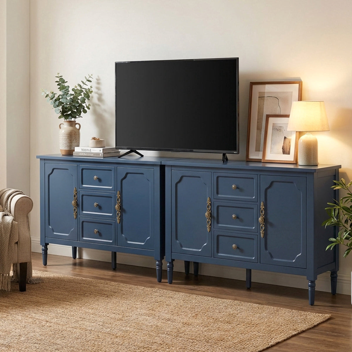Heynemo 2-Door and 3 drawer Sideboard Cabinet Set of 2 with Storage and Adjustable Shelves, Accent Buffet Cabinet for Entryway, Living Room, Dining Room, Blue