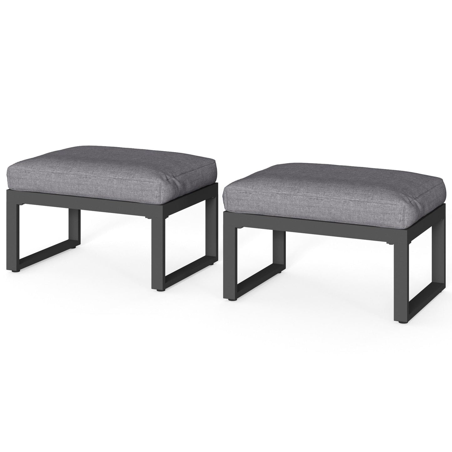 Heynemo 2 Pieces Aluminum Outdoor Patio Ottoman Set, Outdoor Foot Stools with Thick Cushion, Small Seat Furniture for Porch Balcony Backyard, Grey