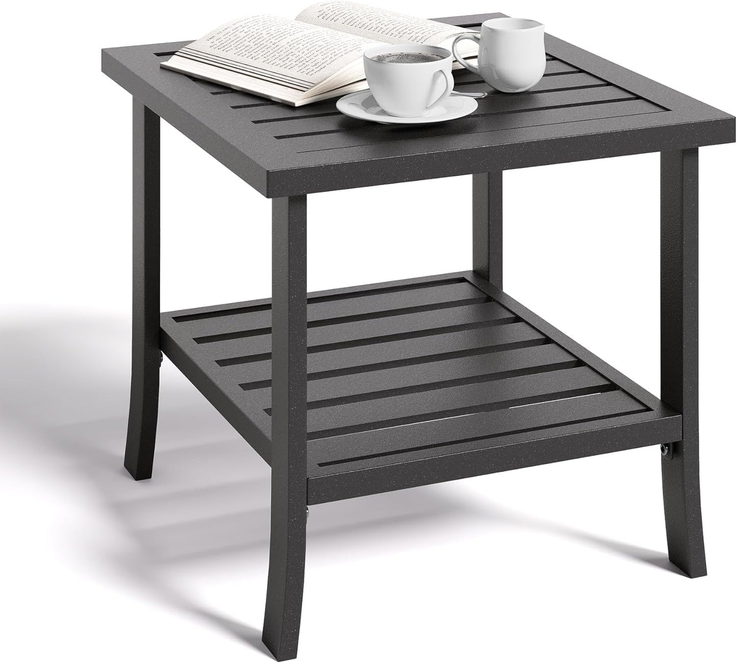 Heynemo 2-Tier Storage Square Patio Side Table, Outdoor Coffee Table, All-Weather Metal Patio End Table for Porch Backyard Garden, Black