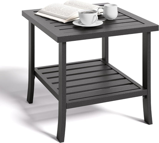 Heynemo 2-Tier Storage Square Patio Side Table, Outdoor Coffee Table, All-Weather Metal Patio End Table for Porch Backyard Garden, Black