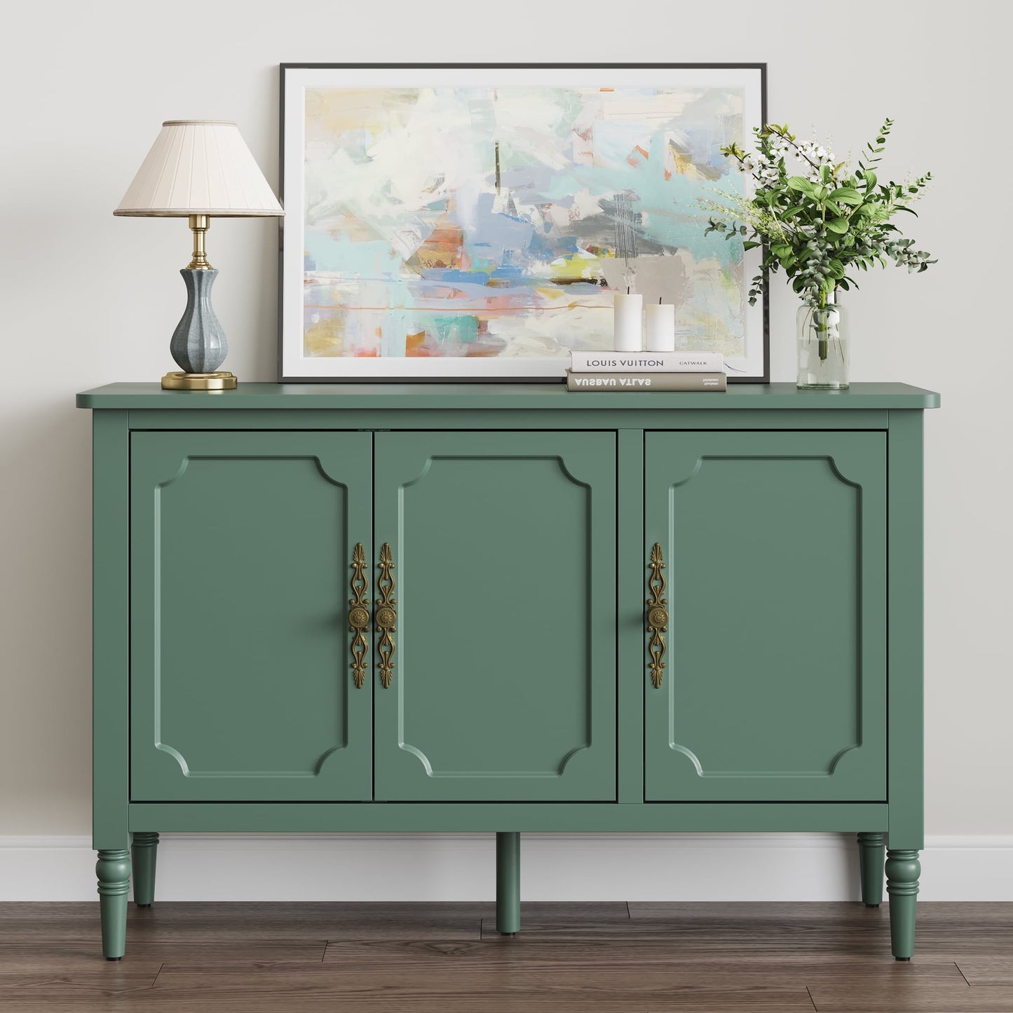 Heynemo 3-Door Storage Cabinet with Adjustable Shelves, Accent Sideboard Cabinet with Turned Legs, Wood Pantry Cabinet, Mid-Century Buffet Cabinet for Entryway, Living Room, Dining Room, Green