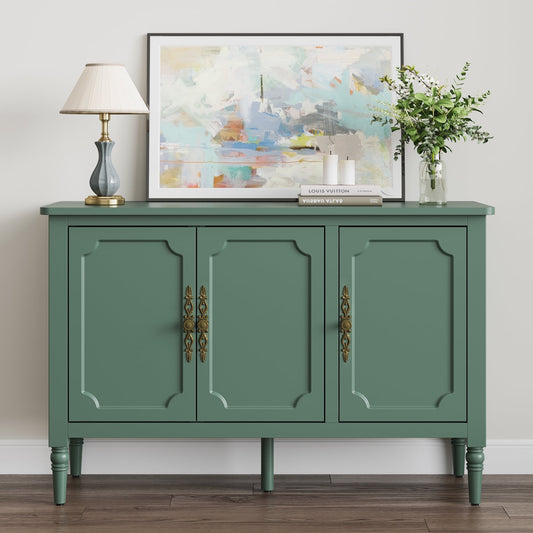 Heynemo 3-Door Storage Cabinet with Adjustable Shelves, Accent Sideboard Cabinet with Turned Legs, Wood Pantry Cabinet, Mid-Century Buffet Cabinet for Entryway, Living Room, Dining Room, Green