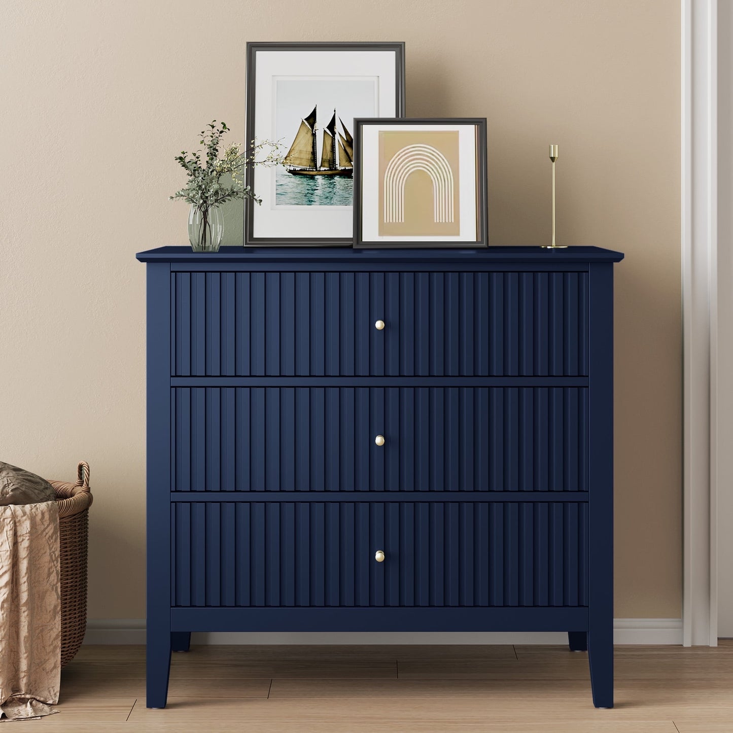 Heynemo 30" Large Dresser with 3 Drawers, Blue Modern Wood Nightstand with Ball Bearing Slides, Wide Storage Chest for Bedroom, Living Room, Entryway or Office