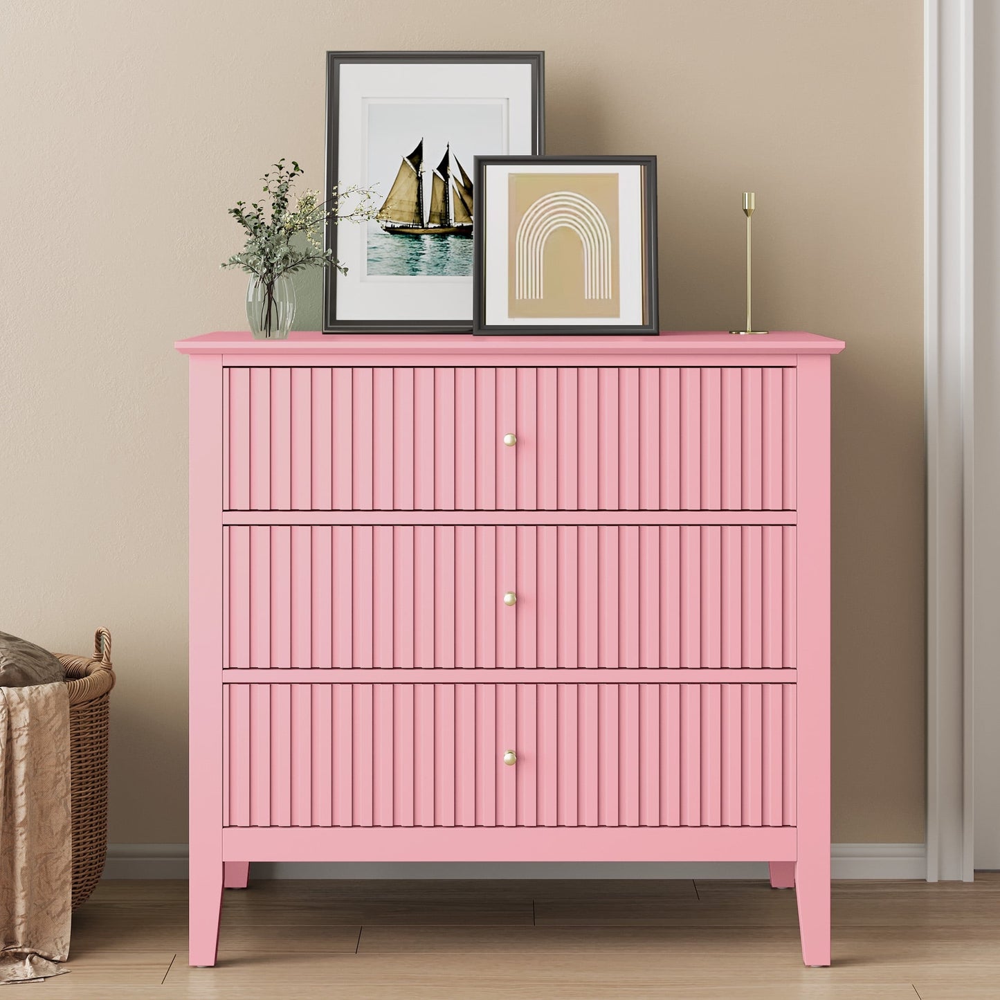 Heynemo 30" Large Dresser with 3 Drawers, Pink Modern Wood Nightstand with Ball Bearing Slides, Wide Storage Chest for Bedroom, Living Room, Entryway or Office