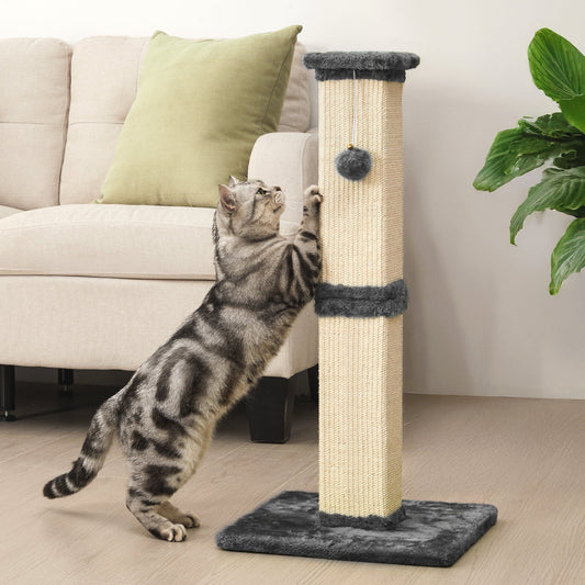 Heynemo 32-Inch Cat Scratching Post with Hanging Ball Toy, Tall Sisal Scratch Post for Indoor Cats, Cat Scratcher for Kittens & Large Cats, Grey