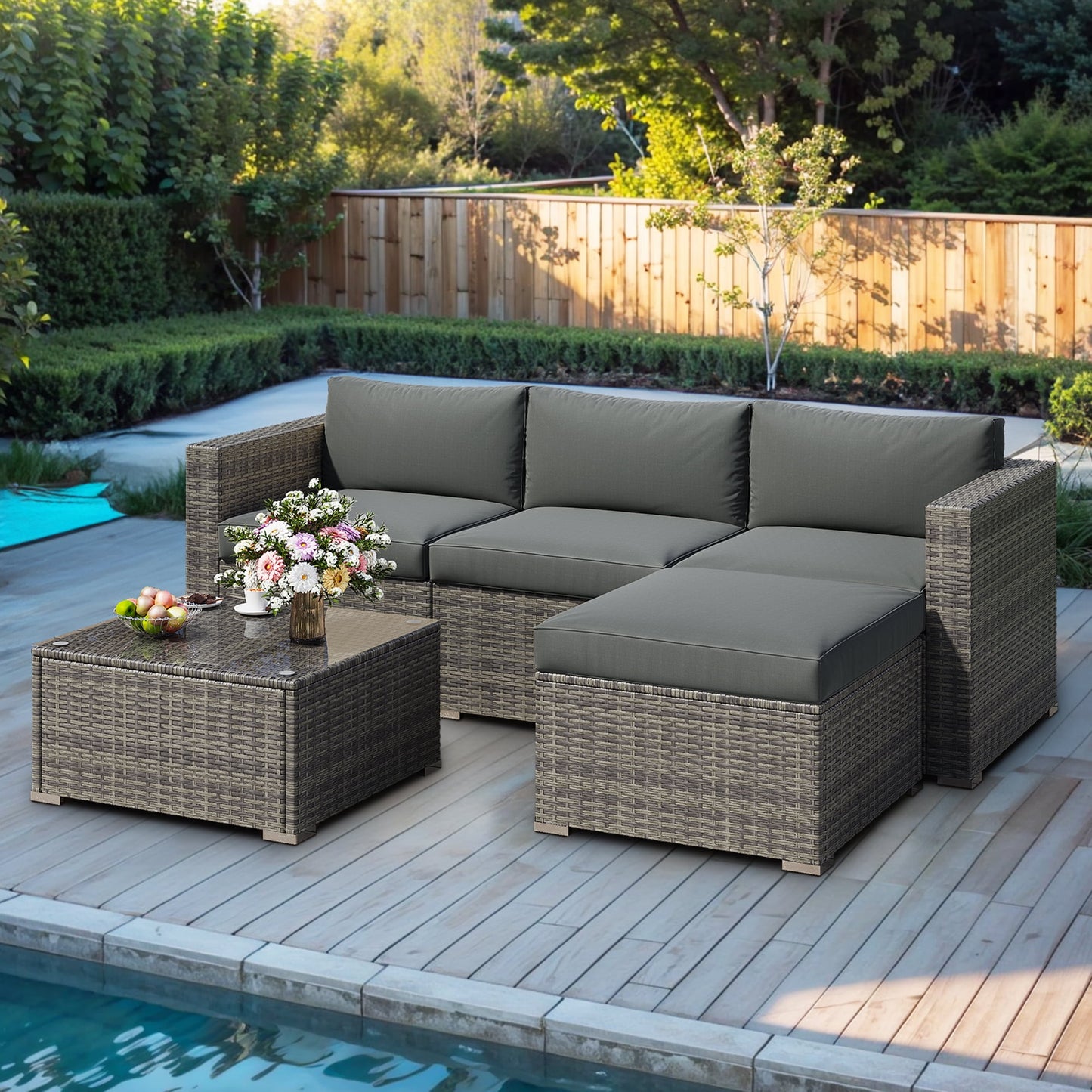 Heynemo 5-Piece Patio Furniture Set with Ottoman and Coffee Table, Outdoor Rattan Furniture Set with Gray Cushions