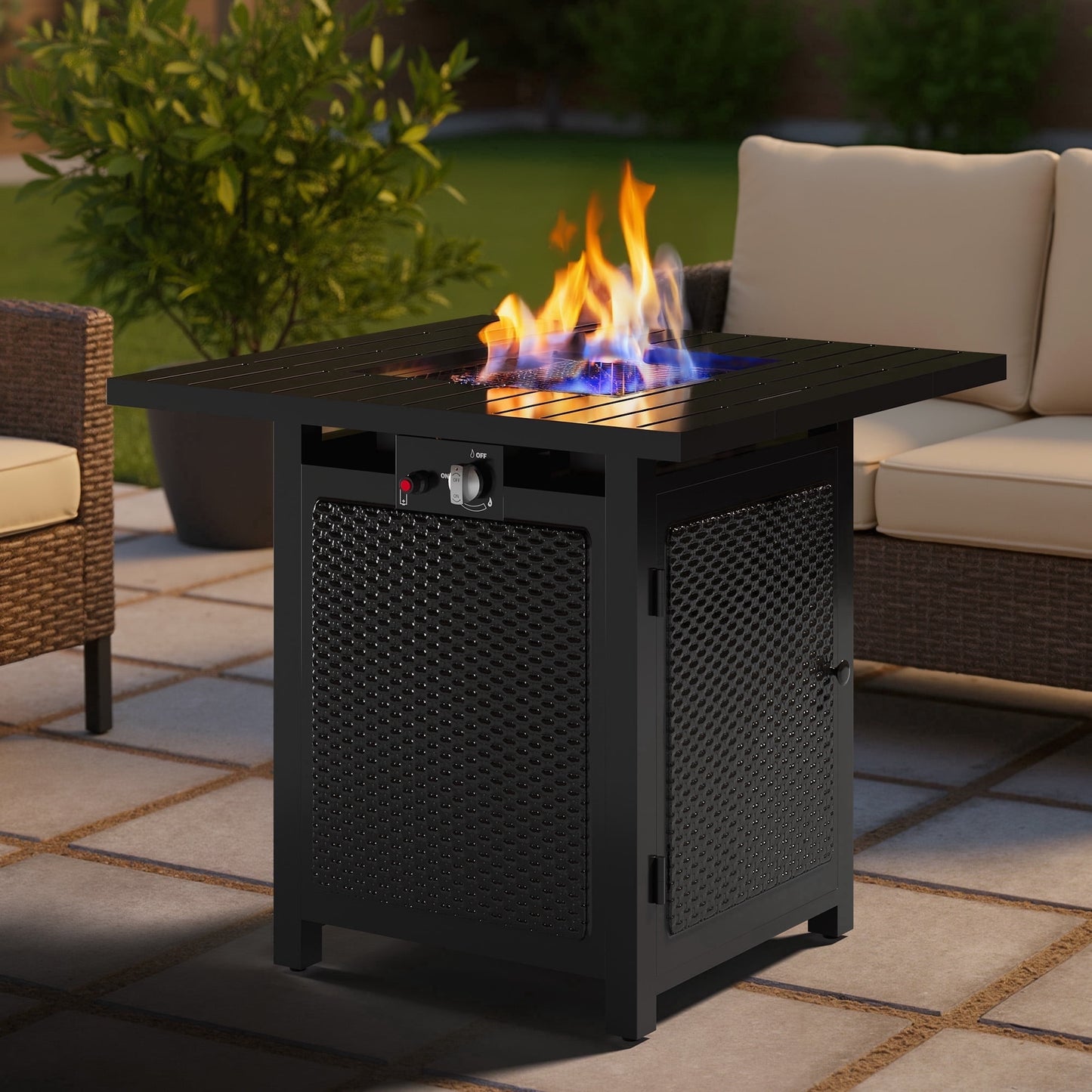 Heynemo 30" Outdoor propane fire pit table with Lid & Lava Rocks, 2in1 50,000 BTU Outdoor Gas Fire Pit Table with Waterproof Cover