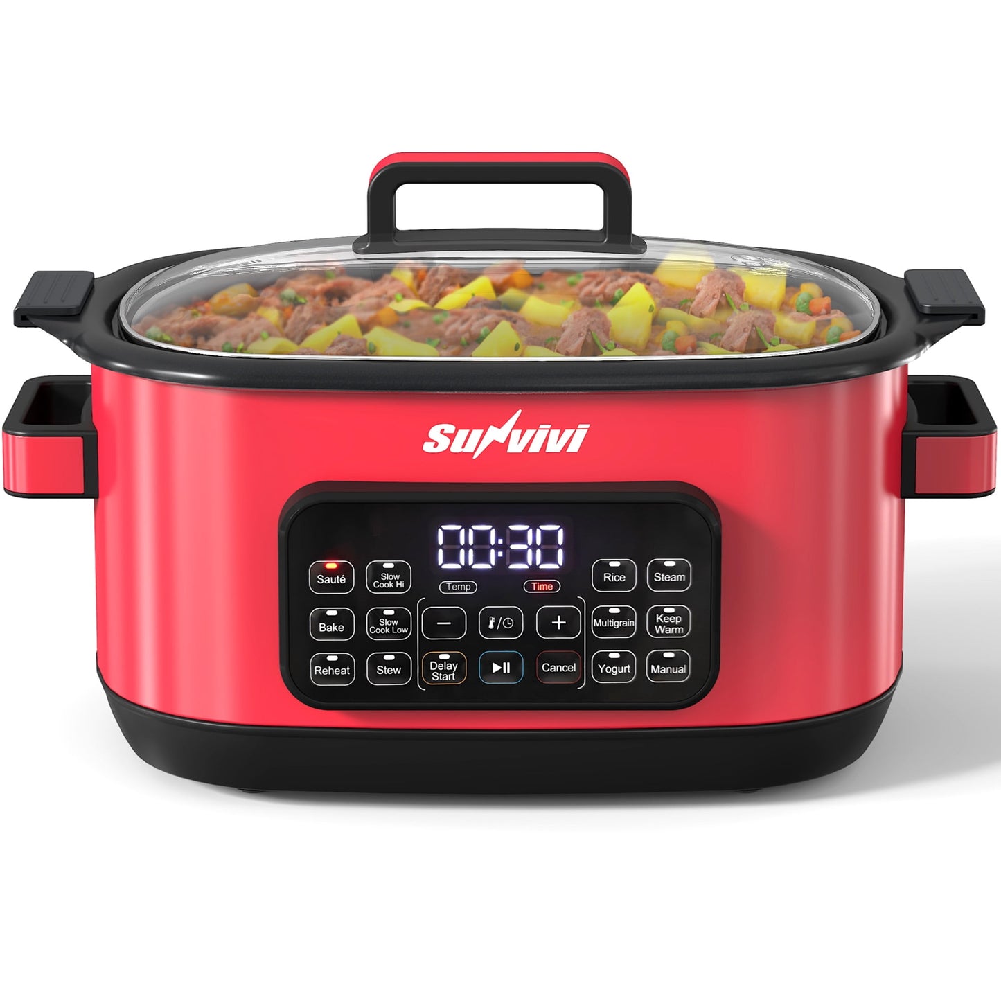 Heynemo 6.5QT Digital Multi Cooker, 12-in-1 Slow Cooker & Roaster with Timer, Temp Control, Delay Start, Nonstick Pot, Red