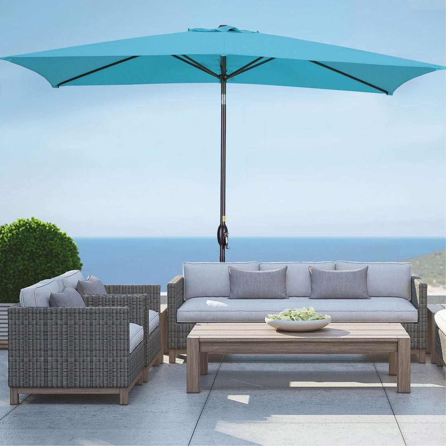 Heynemo Rectangular Patio Umbrella 10' x 6.5' with Hand Crank, Outdoor Market Umbrella with Waterproof Cover for Garden, backyard and Deck, Light Blue