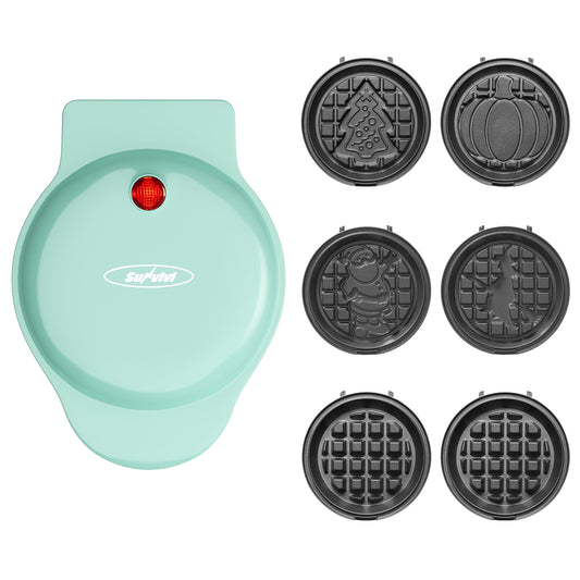 Heynemo 6-in-1 Mini Waffle Maker, 4" Waffle Iron with Nonstick Removable Plates (Santa, Christmas Tree, Witch, Pumpkin), Light Blue