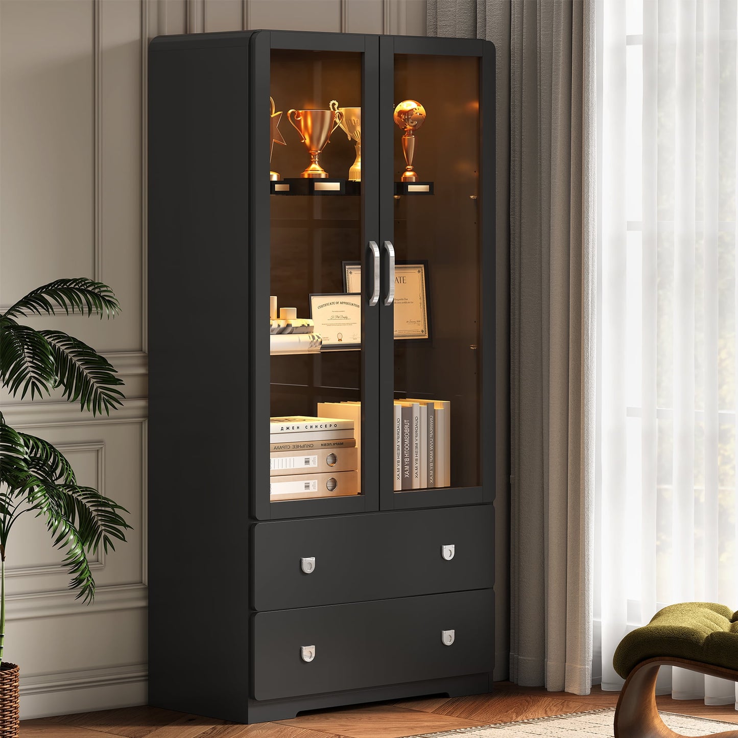 Heynemo 64'' Tall Display Cabinet with Acrylic Doors and LED Lights, Black