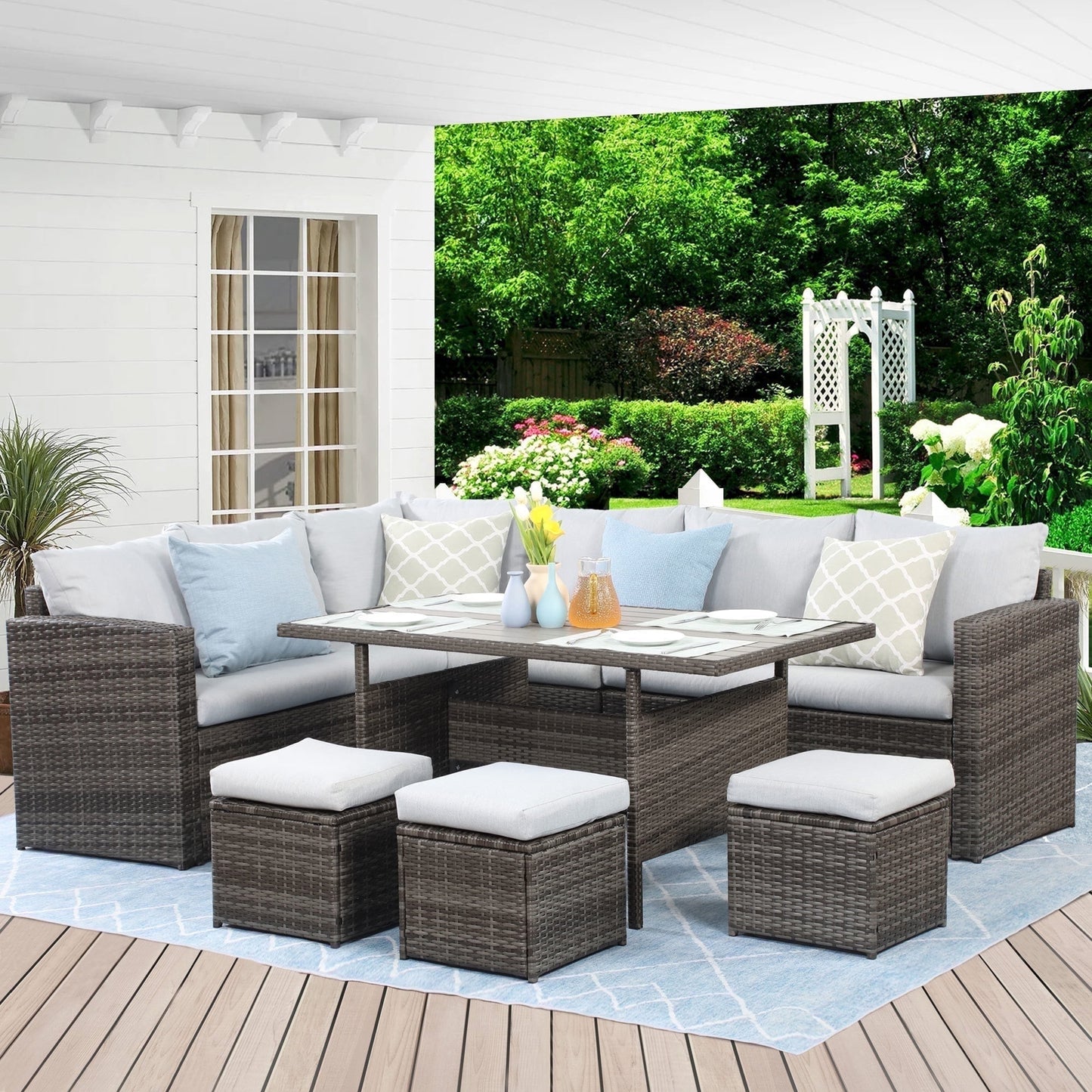 Heynemo 7 Pcs Outdoor Wicker Dining Set Patio Set with Table and Ottoman, Steel Frame, Gray