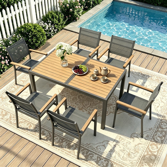 Heynemo 7-Piece Outdoor Dining Set with Patio Table, Aluminum Patio Table Set for 6 Persons with HDPS Tabletop, for Garden, Deck, Gray