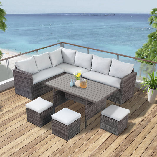 Heynemo 7 Piece Outdoor Patio Furniture Set, Dining Sectional Sofa with Dining Table Chair, All Weather Wicker Conversation Set with Ottoman, Grey