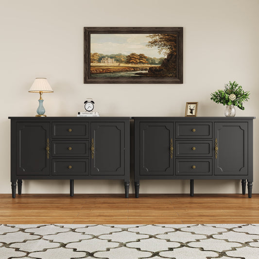 Heynemo Black Sideboard Cabinet Set of 2, 47" Accent Cabinet with 3 Drawers & 2 Doors, Vintage Storage Cabinet with Gold Handles & Solid Legs, MDF Console Cabinet for Dining Room, Living Room