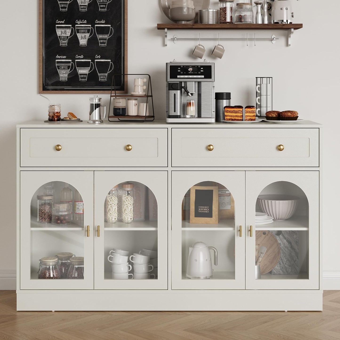 Heynemo Buffet Cabinet with Storage, 55.1" Large Sideboard Buffet Cabinet, Modern Kitchen Cabinet Display Cabinet with 2 Drawers and 4 Doors, Wood Coffee Bar Cabinet for Kitchen Dining Room, White