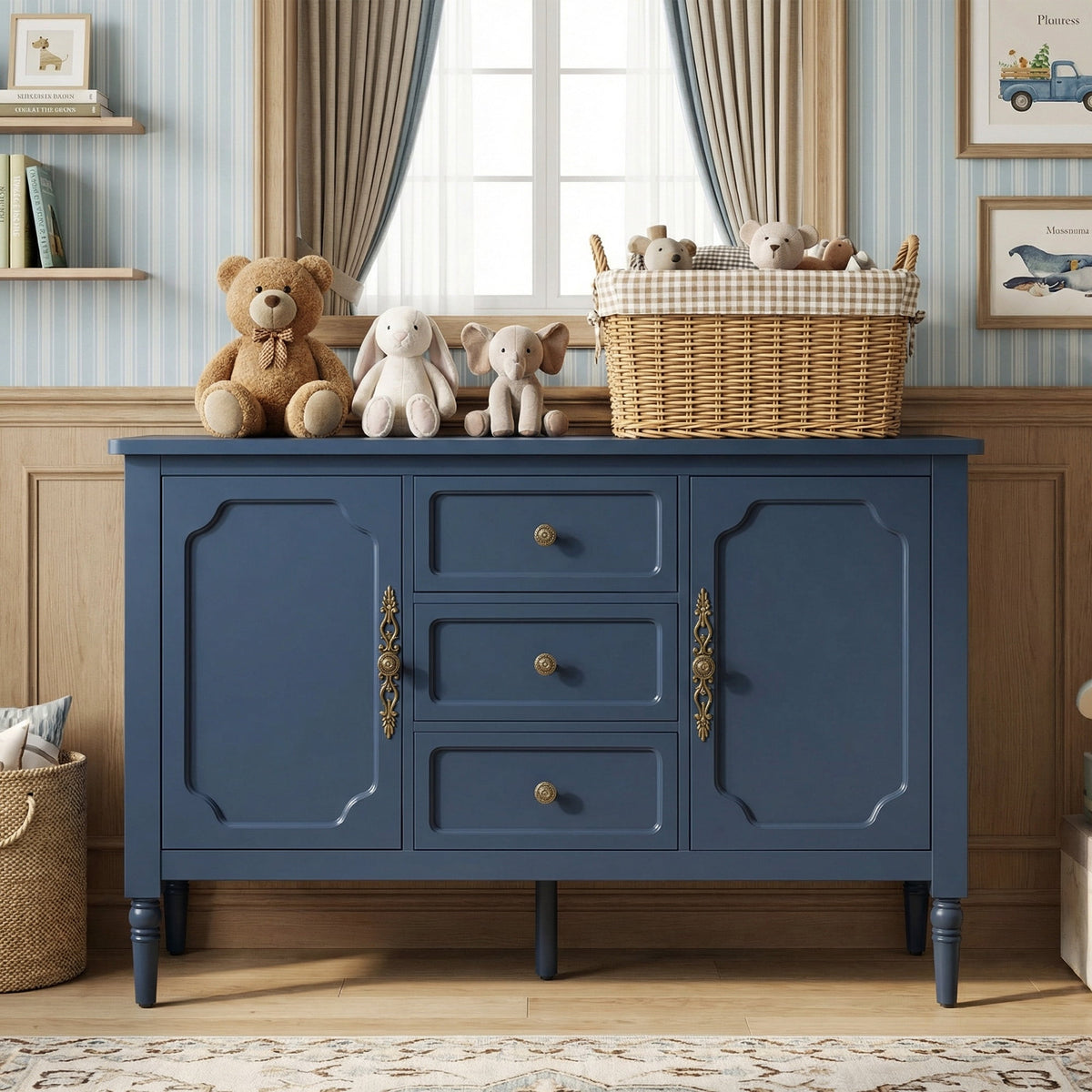 Heynemo Buffet Sideboard with 2 Doors & 3 Drawers, Storage Cabinet with Adjustable Shelves for Living Room, Dining Room, Blue