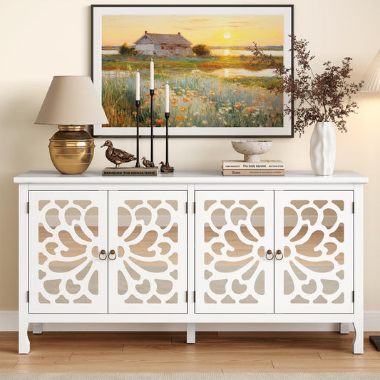 Heynemo Carved Sideboard Cabinet with Storage, 63'' Modern Buffet Cabinet with Mirrored Door and Adjustable Shelves, Accent Cabinet for Entryway, Dining Room, Living Room, White